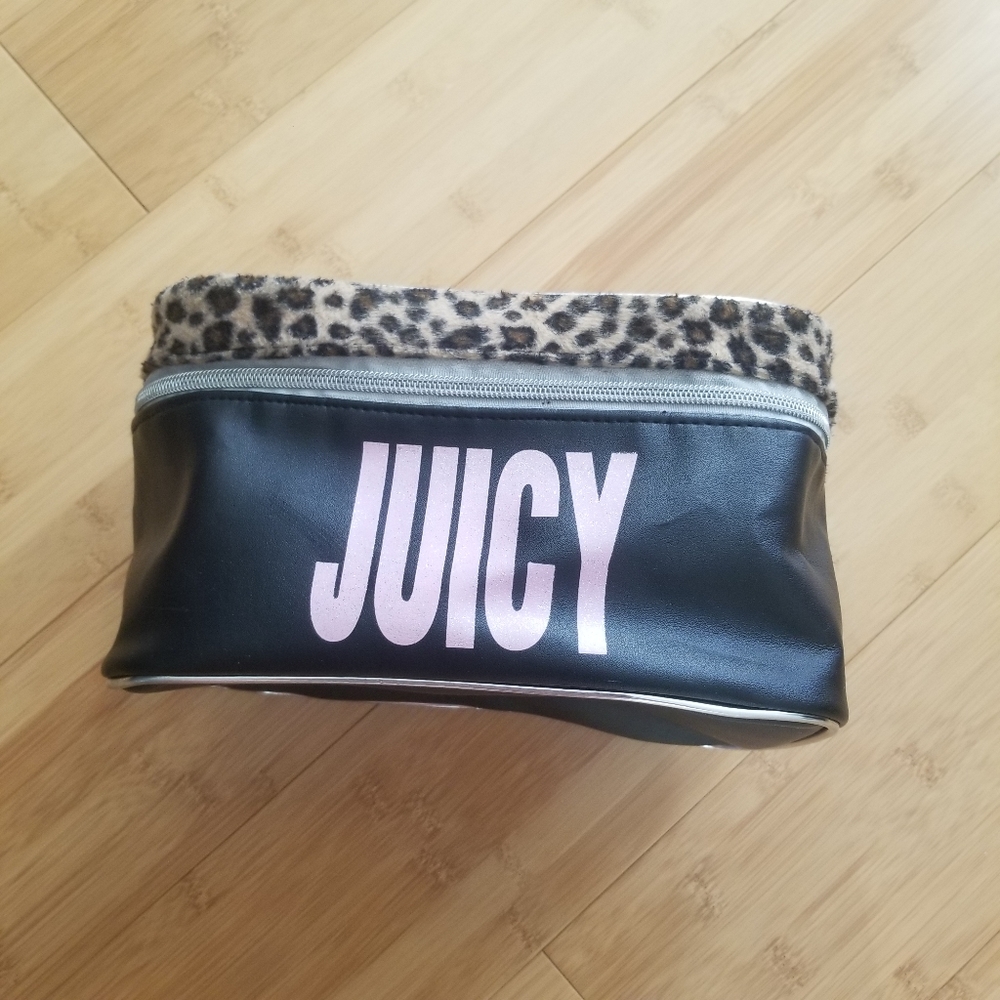 🌸 Juicy Couture Leopard Faux Fur Black Pink Makeup Cosmetic Bag Case Organizer